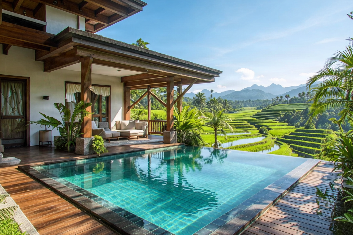 Luxury Balinese villa with an infinity pool overlooking rice terraces