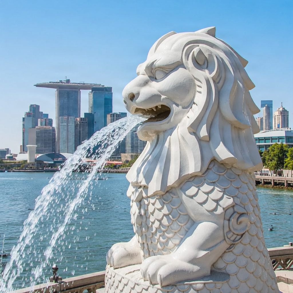 Close-up of colorful Merlion statue in Singapore with water fountain