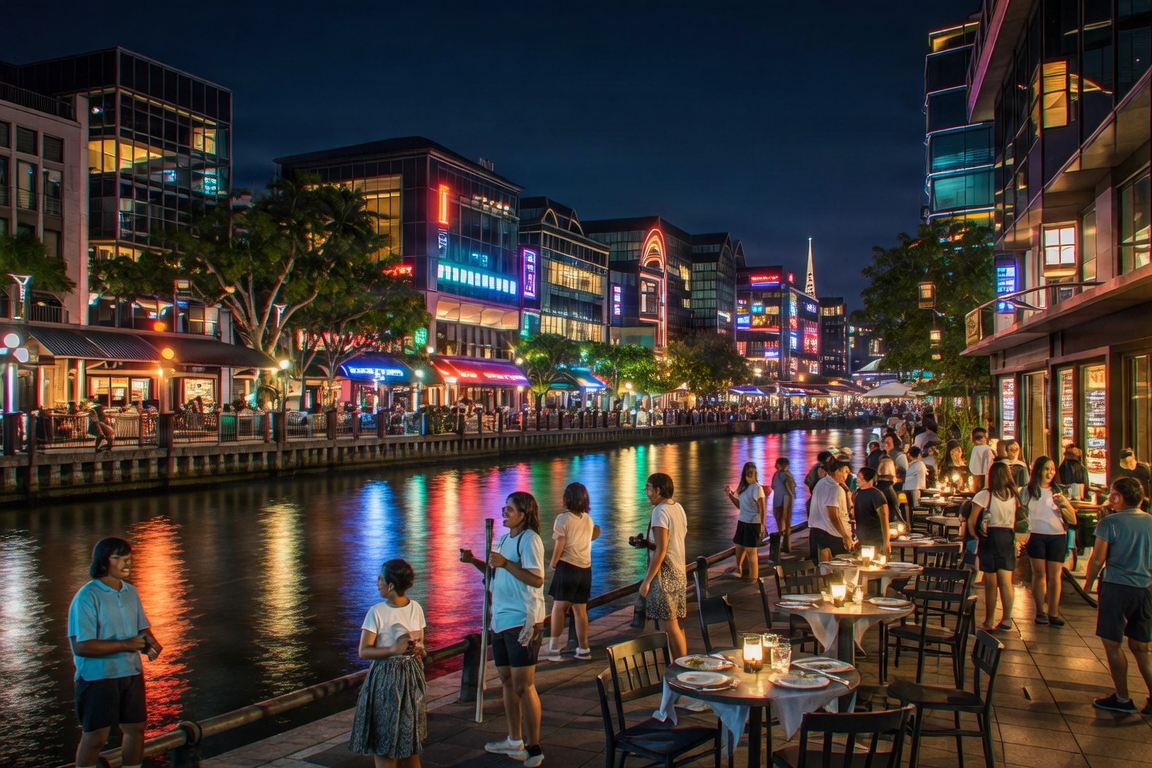 Night view of the colorful lights at Clarke Quay Singapore riverfront