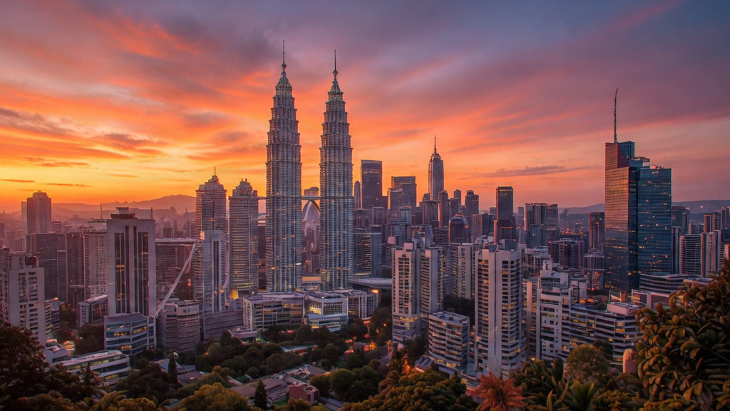 Kuala Lumpur skyline with Petronas Twin Towers at sunset